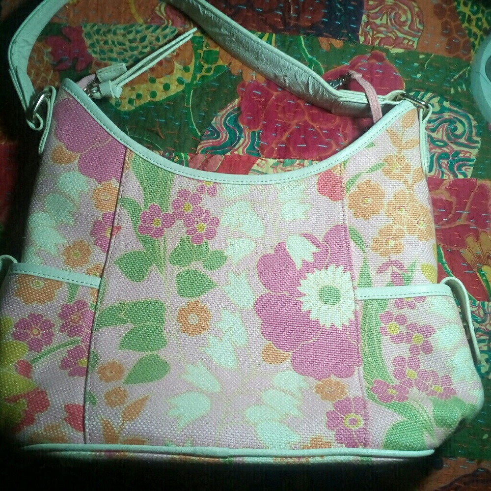 Spartina linen and leather bucket tote with matching wallet
